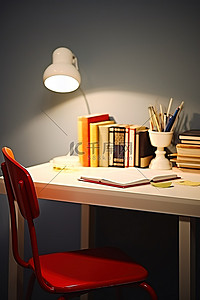 一张白色的桌子，上面有椅子和书