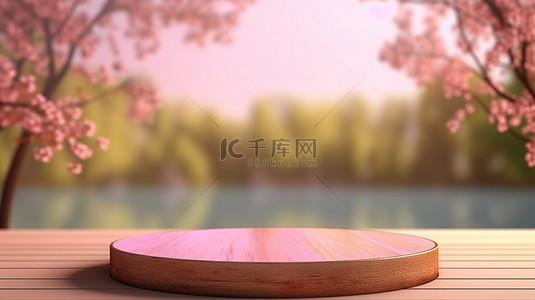 夏天湖边背景图片_圆形木质讲台的 3D 渲染，位于粉红色的树木和湖边郁郁葱葱的绿草中，背景为散景