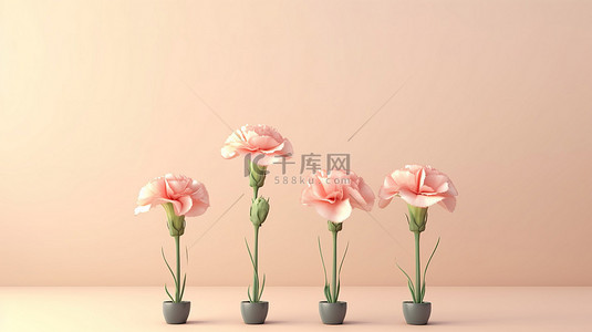 浅色背景上康乃馨花的 3d 渲染