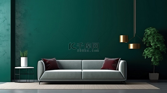 现代室内样机白色沙发靠在深绿色墙壁上，在客厅的 3D 渲染中