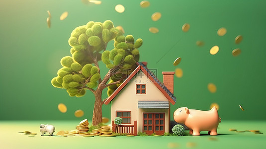 硬币和叶子装饰金钱树与落下的硬币和模型房子在背景 3D 渲染