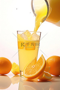 果汁画册背景图片_橙汁被倒入周围的玻璃杯中