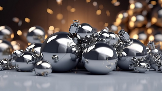 动态 3D 风格豪华背景上闪闪发光的节日问候闪亮的银球