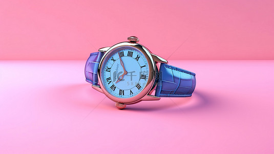 优雅的男士蓝色腕表，双色调，粉红色背景，豪华 3D 渲染