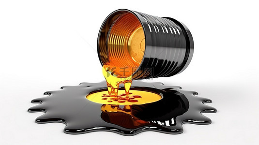 石油产品概念原油从鼓倒入 3D 渲染的白色背景