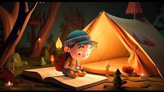 书中儿童露营冒险的 3D 插图背景