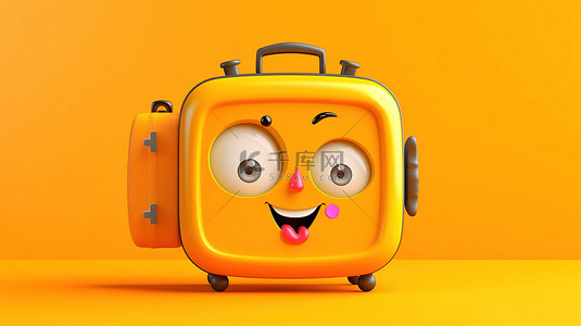 黄色背景上带有橙色旅行袋的吉祥物闹钟的 3D 渲染