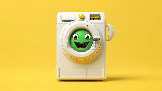 黄色背景上带有亮绿色交通灯的现代洗衣机吉祥物的 3D 渲染