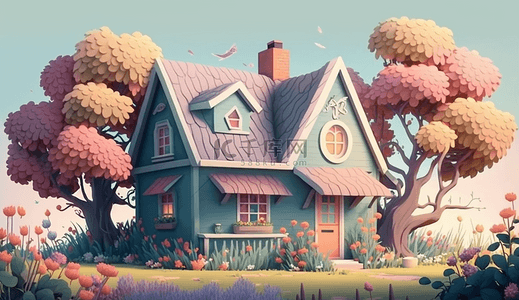 小房子卡通背景图片_花园彩色小房子卡通建筑背景