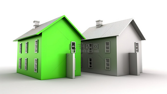 白色背景上两栋灰色房屋和一栋绿色房屋位于中心的 3D 渲染