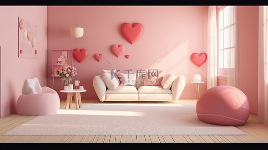 舒适客厅的 3D 插图，带有浪漫的粉红色调