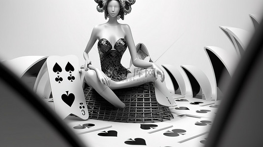 现代黑白设计的红心皇后扑克牌非常适合扑克赌场标准尺寸以 3D 插图呈现