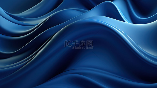 蓝纸或棉织物中起伏的波浪和曲线的 3D 渲染背景