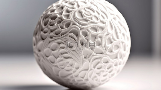 白色背景上 3D 渲染几何图形中装饰性抹灰白色体积球体的特写