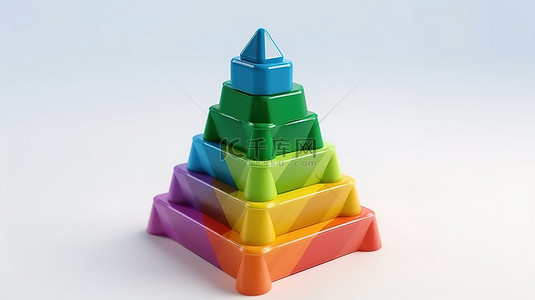 白色背景下儿童彩虹色塑料金字塔玩具的充满活力的 3D 渲染