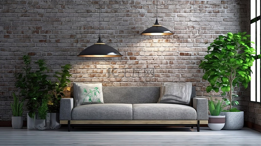 古窗纹理背景图片_现代生活在阁楼空间 3D 渲染，配有时尚的灰色沙发时尚的灯郁郁葱葱的树和纹理砖墙