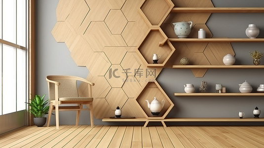 安装在墙上的六角形木架子，榻榻米垫上配有日式扶手椅，以 3D 渲染