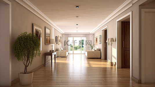 室内客厅背景图片_客厅可看到大厅走廊的 3D 渲染