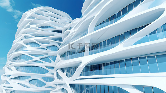 具有白色几何图案的当代建筑，具有波浪设计和蓝天背景 3D 渲染的面板立面