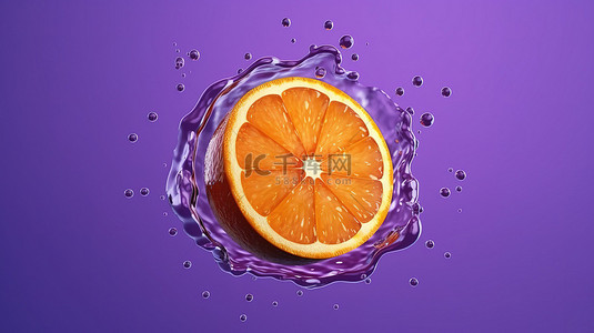 充满活力的紫色背景上的孤立橙片 3D 渲染清爽的夏季水果