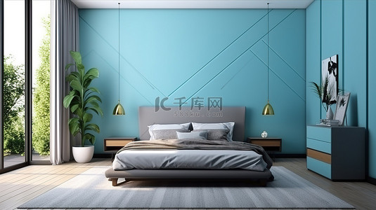 蓝色酒店背景图片_时尚的卧室设计，蓝色墙壁以 3D 渲染