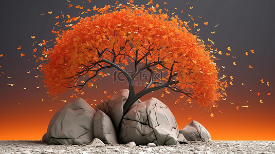 3d 渲染中的橙叶树与前景中的岩石