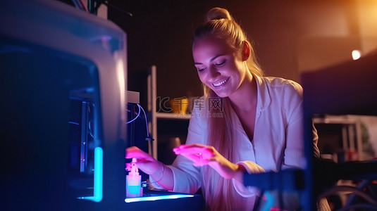积极开朗背景图片_开朗的女设计师，举止积极，微笑着设置 3D 打印机