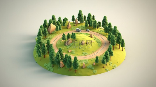圆形公路背景图片_圆形等距天堂，宁静景观的 3D 插图，有道路树木草地和山脉