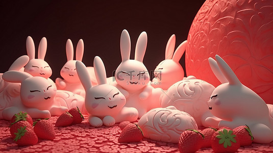 休息动画背景图片_异想天开的兔子在月球上休息，带着甜草莓，3D 动画