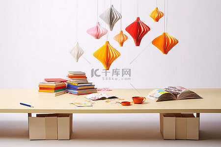 各种各样的书背景图片_桌子上摆着各种各样的书折纸叶子和剪纸鸟