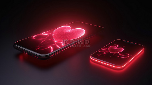 在线约会爱情消息概念心图标在 3D 渲染中连接两部手机
