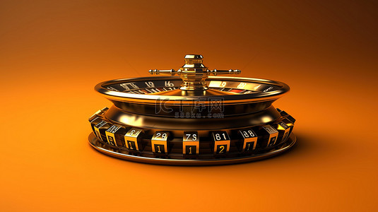 3D 渲染中橙色背景上的黑色赌场轮盘赌轮顶部闪闪发光的富丽堂皇皇冠