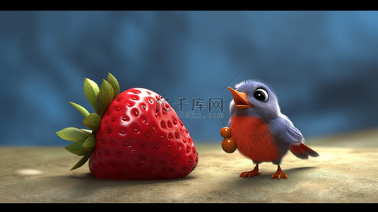 可爱的 3D 鸟类，顽皮地抓着多汁的草莓