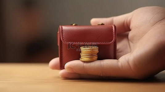 稻草人钱包背景图片_支付概念手持钱包硬币堆栈和在线支付方法的 3D 插图，用于省钱