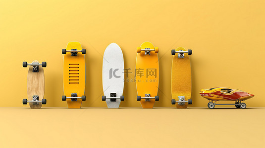 街头文化背景图片_黄色背景滑板全套集合，具有无可挑剔的清洁度 3D 渲染