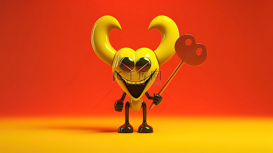 恶魔角背景图片_心怀恶魔的卡通人物拿着干草叉，在 3D 渲染的黄色背景上展示爱情概念