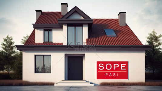 房屋出租牌背景图片_现代住宅建筑，带有红色屋顶和砖墙，带有“已售”标签，在白色背景下以 3D 渲染标记房地产概念