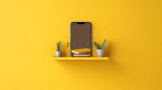 办公桌椅简笔画背景图片_带手机的垂直背景黄色墙架的 3D 插图