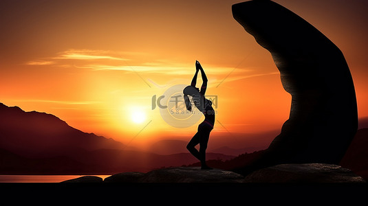 下一位背景图片_夕阳下的宁静，一位身着瑜伽姿势的 3d 女性在美丽的风景中摆姿势