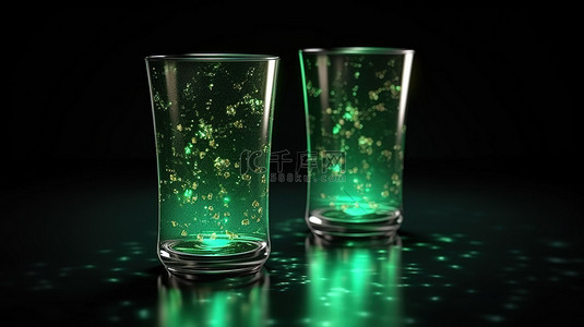 金属绿水和牛奶杯，黑色背景片状，特写 3D 渲染