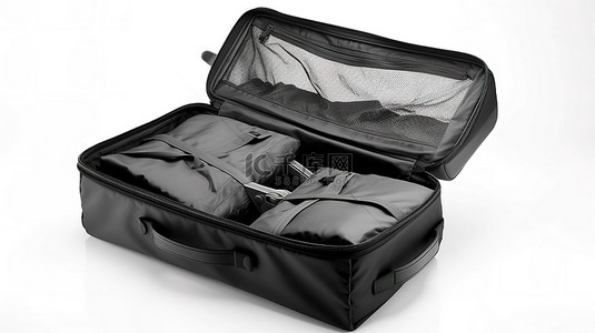 白色背景的 3D 渲染，带有独立的开放式黑色旅行袋