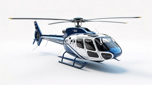 直升机背景图片_白色背景与蓝色民用直升机的 3D 插图