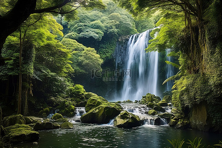 瀑布周围的热带森林