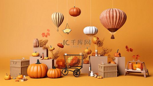 令人惊叹的 3D 渲染中描绘的飞行购物材料和秋季物体