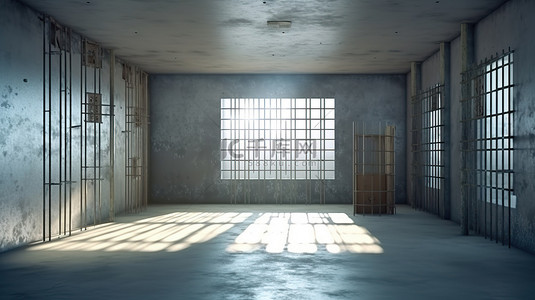 犯罪题材背景图片_牢房内，从铁栅栏窗户照射进来的照明是监禁的 3D 表示