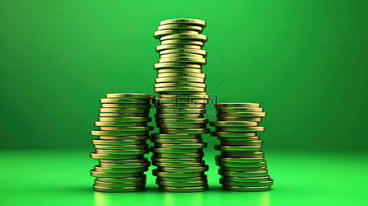 3D 渲染浅绿色背景的插图，带有成堆的硬币和向上的绿色箭头