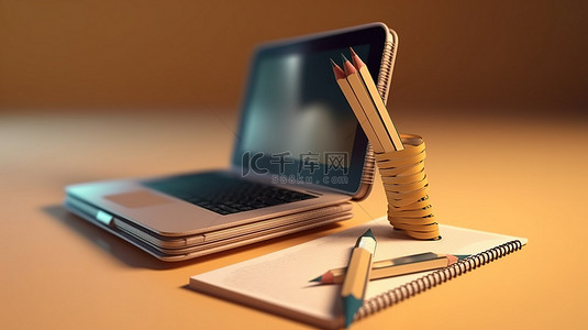 使用计算机学校笔记本和铅笔进行在线教育的 3D 插图