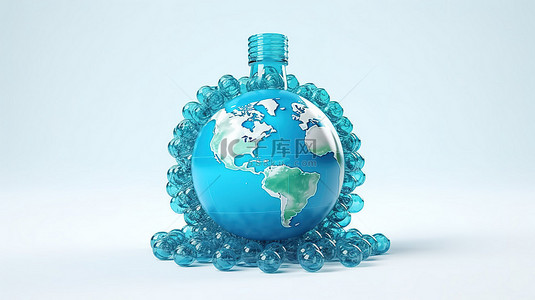 全球塑料污染地球的 3D 渲染被废弃塑料瓶和回收符号包围