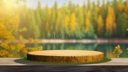 湖边黄树绿草中圆形木质讲台的 3D 渲染