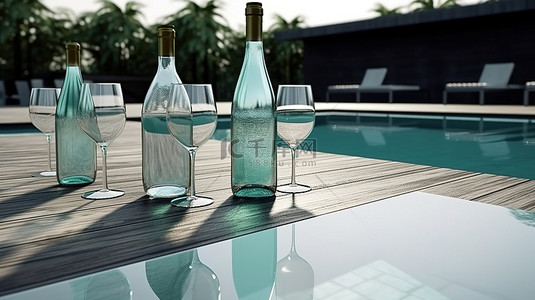 以 3d 渲染的泳池椅旁边的桌子上的酒杯和瓶子的排列
